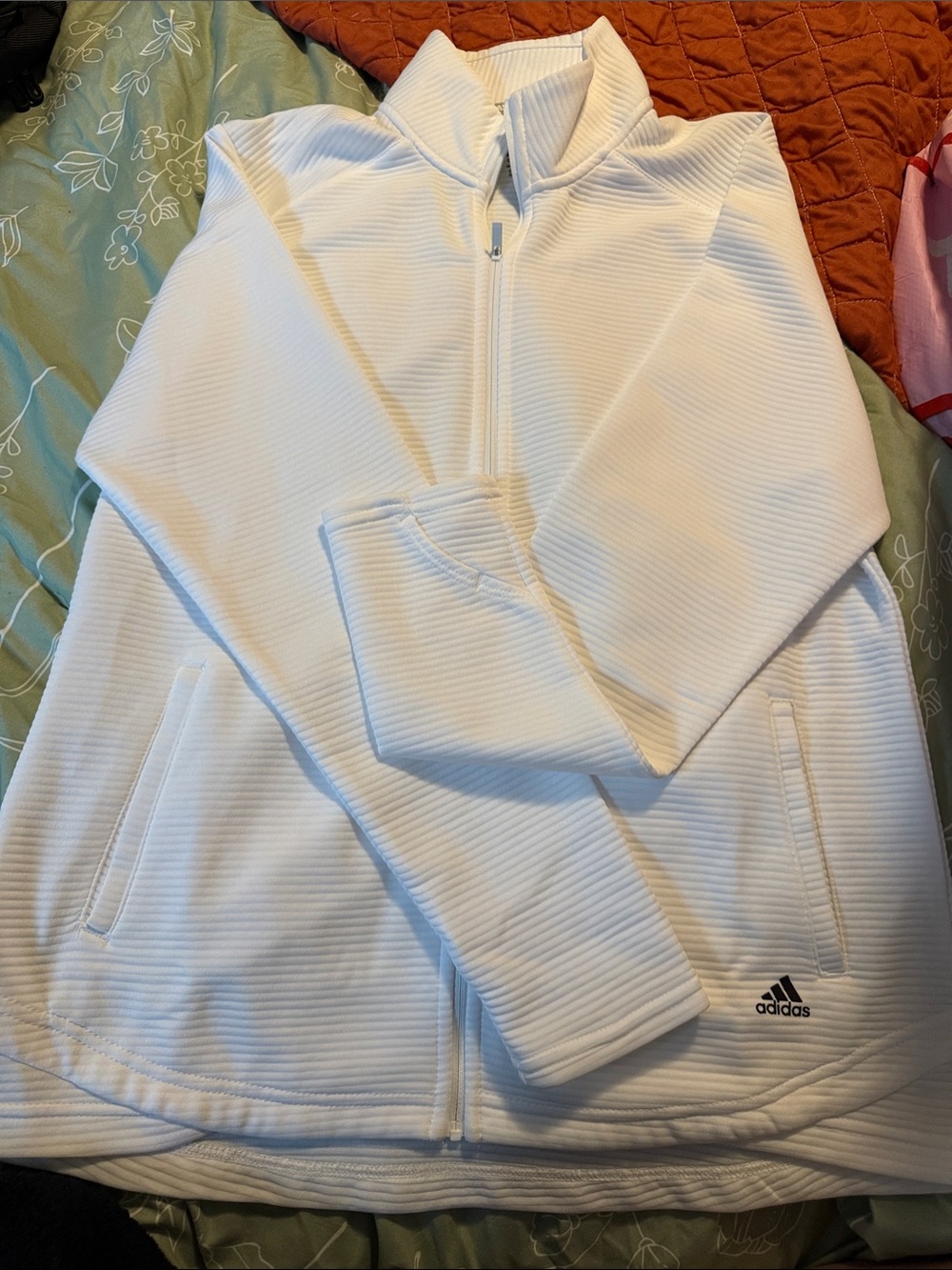 adidas White Ribbed Full-Zip Puffer Jacket